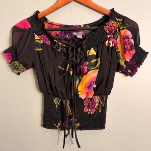 Poetry Size Small Black Floral Smocked Cropped Off the Shoulder Blouse